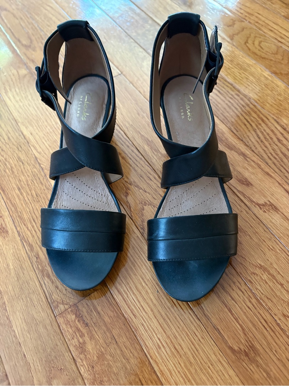 Clarks Women’s Black Leather Crisscross Ankle Strap Sandals